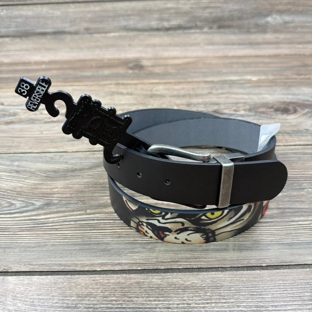 Ed Hardy Mens 38 Reversible Belt Black Tiger Tattoo Art Graphic EH-BE16036AQ NEW